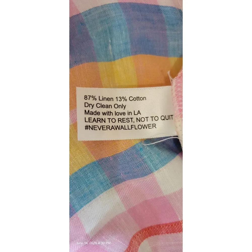 Never A Wallflower Ruffle Long Wrap Linen Dress Pink Spanish Plaid Sz M - Picture 8 of 8